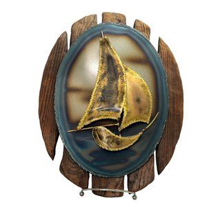 Handmade Metal Sailboat on Wood Vintage Wall Art Sculpture 15"